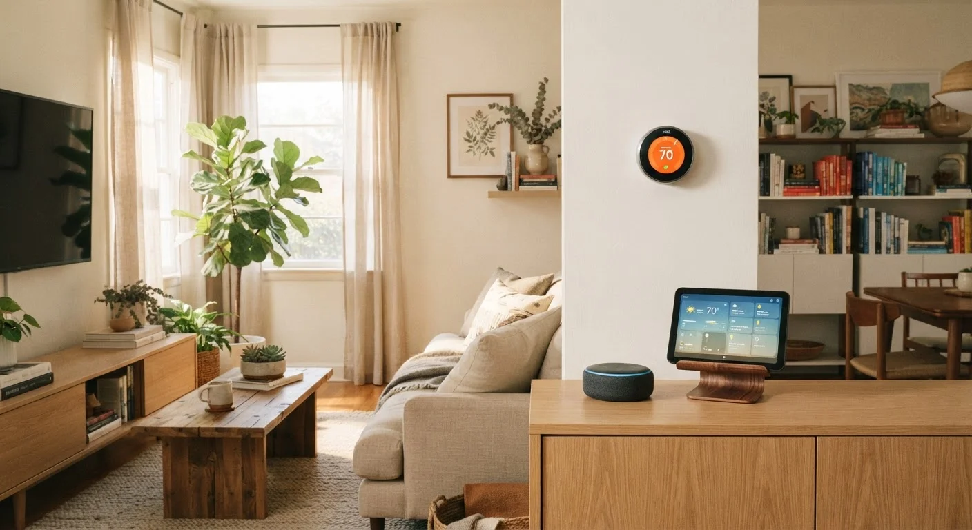 A tidy living room featuring a smart speaker, wall thermostat, and tablet on a stand