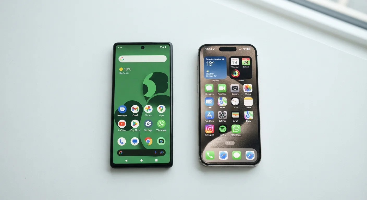 Two smartphones side by side showing Android and iOS interfaces on a white desk