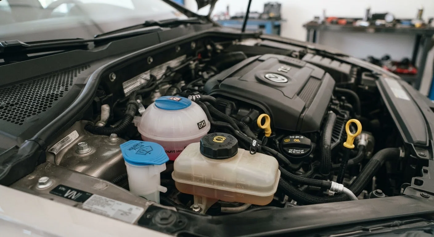 A car engine bay with clearly visible fluid reservoirs and colored caps