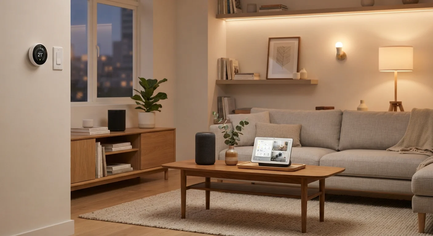Smart home devices from multiple ecosystems arranged in a modern living room setting