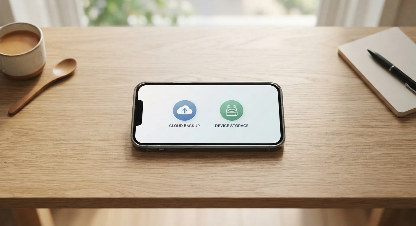 Smartphone screen showing cloud storage and local storage icons compared side by side
