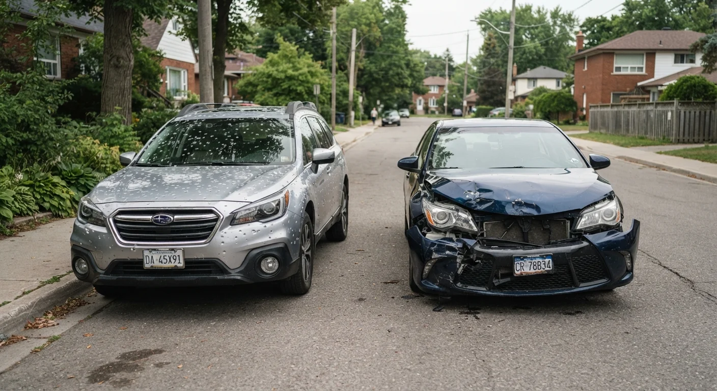 Two cars parked side by side showing hail damage and collision front-end damage respectively