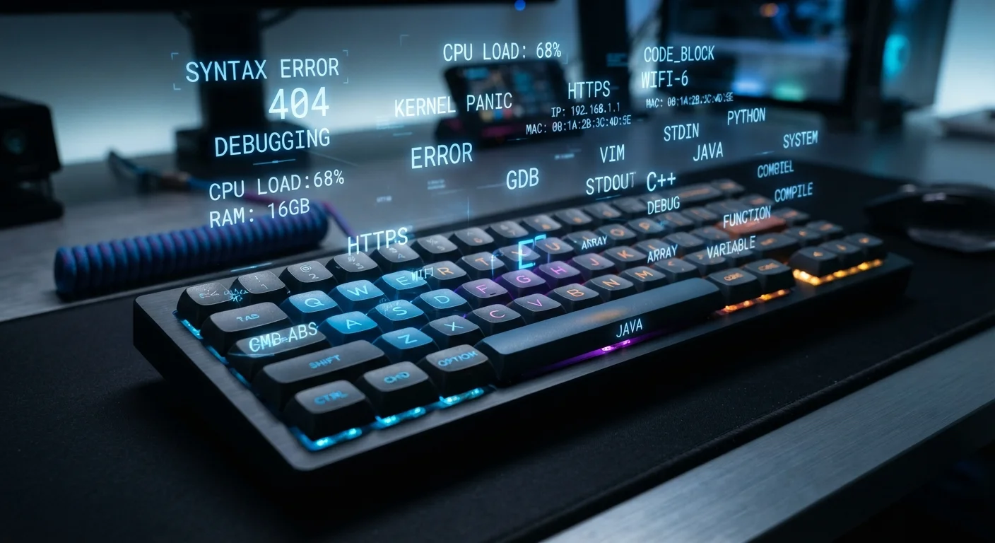 Illuminated keyboard with floating digital tech terms and abbreviations around it