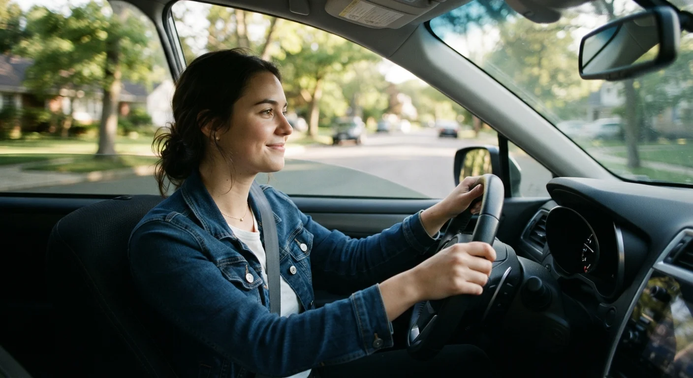 A new driver gripping the steering wheel confidently while preparing to drive solo on a suburban road