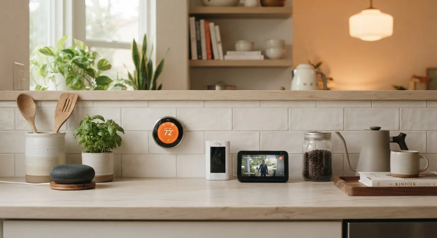 Modern kitchen countertop with several practical smart home devices arranged neatly.