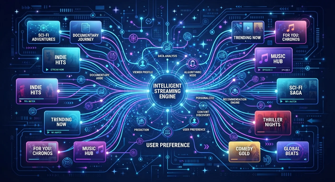 Abstract visualization of streaming content tiles connected by glowing algorithmic data pathways