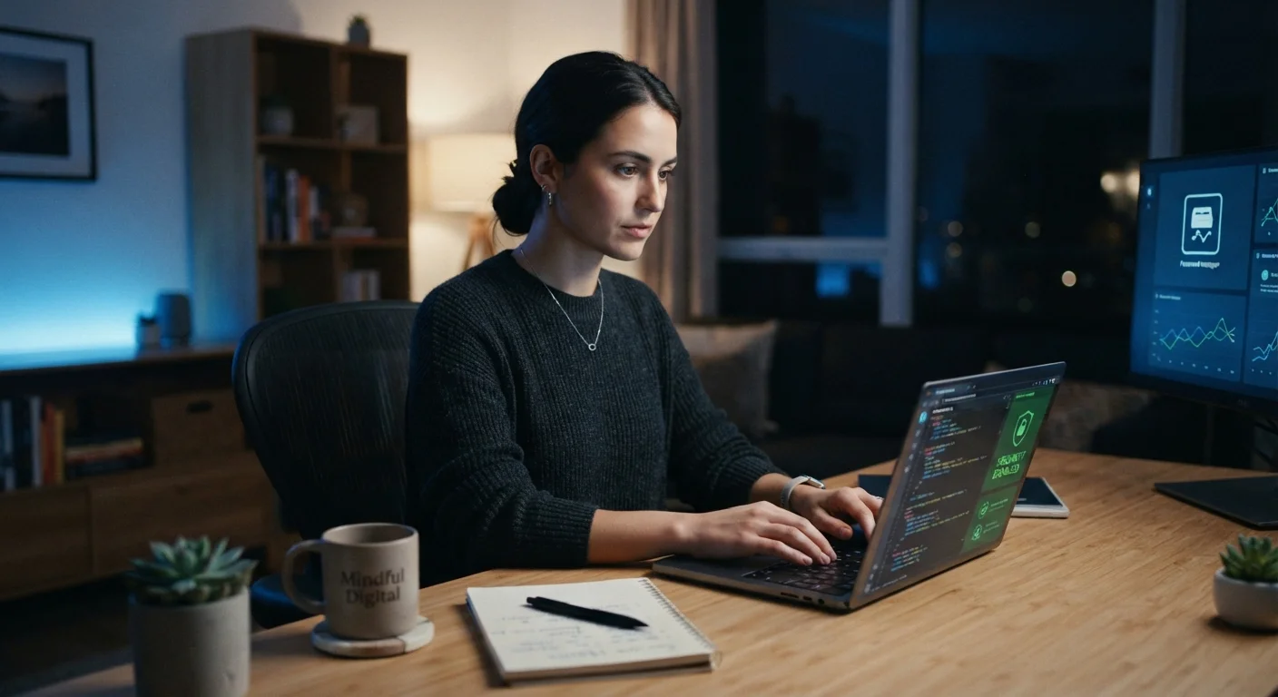 Person working attentively on a laptop in a well-lit home office setting