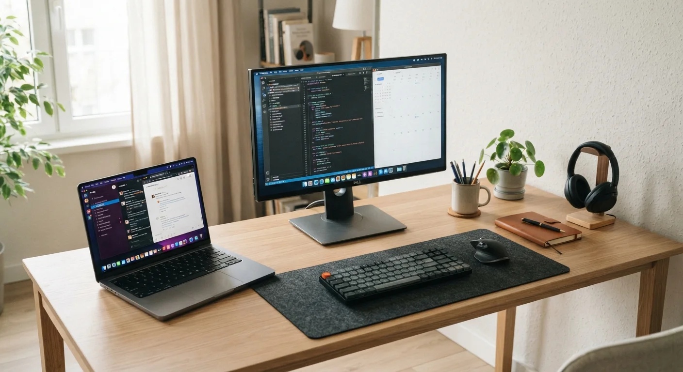 A laptop and a desktop computer side by side on a clean modern workspace