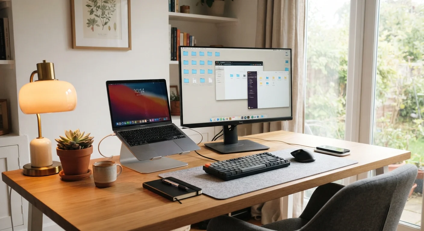 A clean home desk setup with a laptop, external monitor, keyboard, and mouse under warm lighting.
