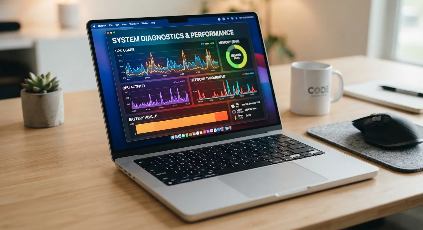 Laptop on a desk displaying system performance graphs and hardware specifications on screen
