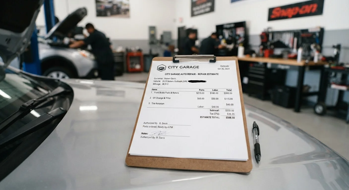 A printed mechanic's repair estimate on a clipboard resting on a car hood in an auto shop