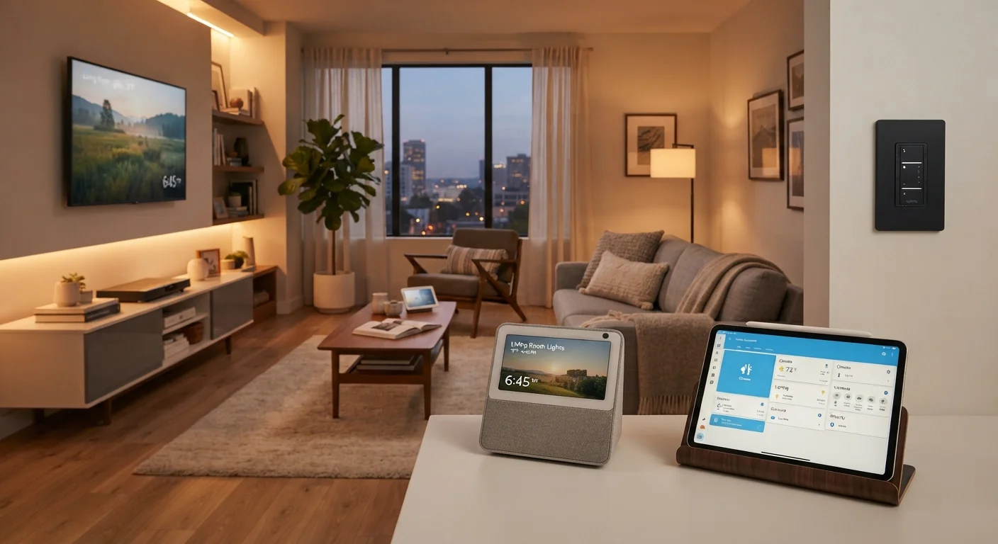 Modern living room showcasing a smart home hub, smart lights, and home automation dashboard on a tablet