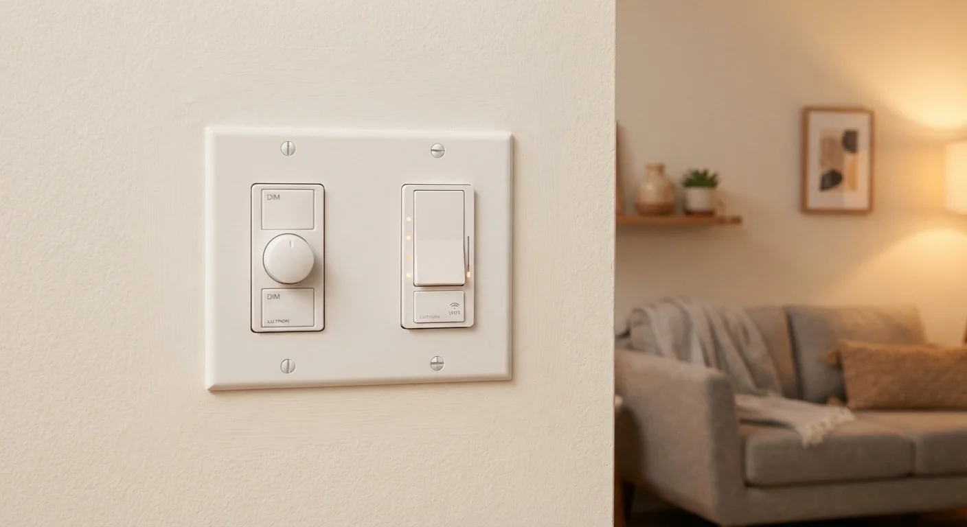 Side-by-side view of a traditional dimmer switch and a smart lighting switch on a wall
