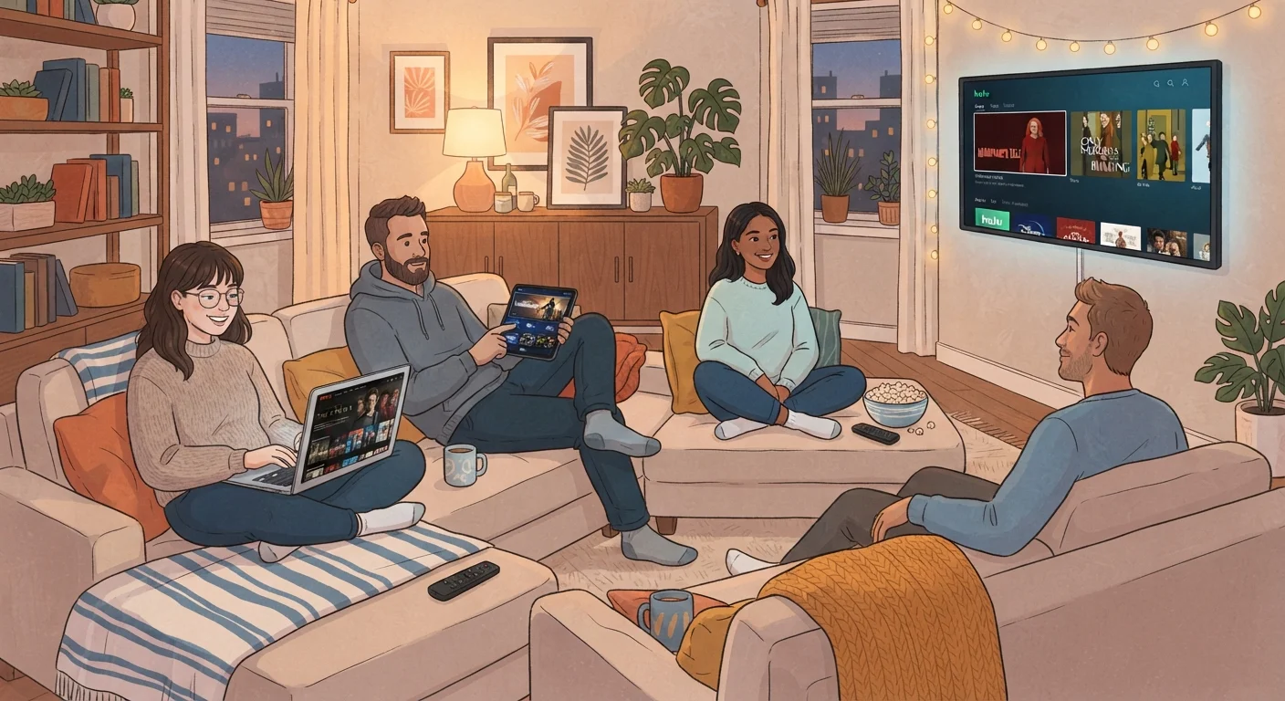 Multiple people in a living room using different devices to stream content simultaneously
