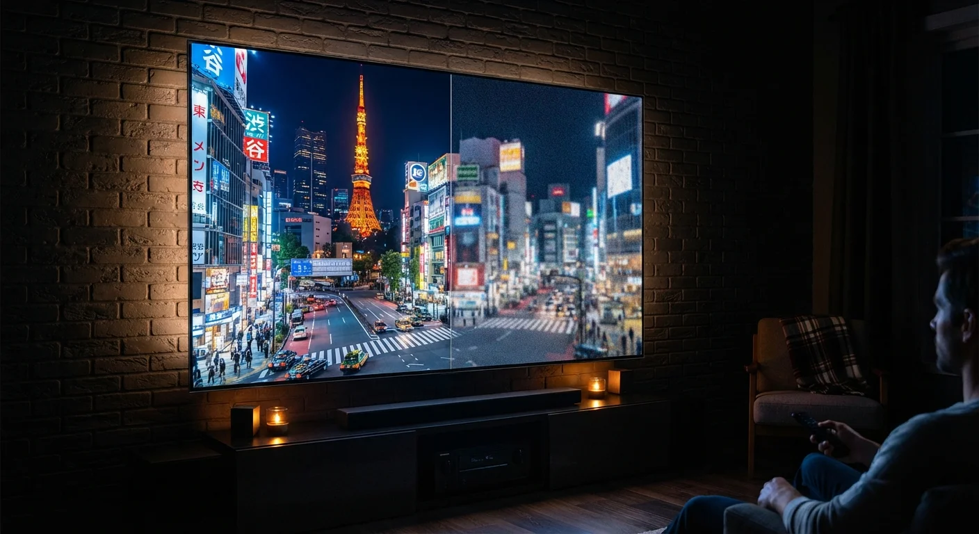 Television screen showing sharp 4K image on one side and blurry low-resolution image on the other side