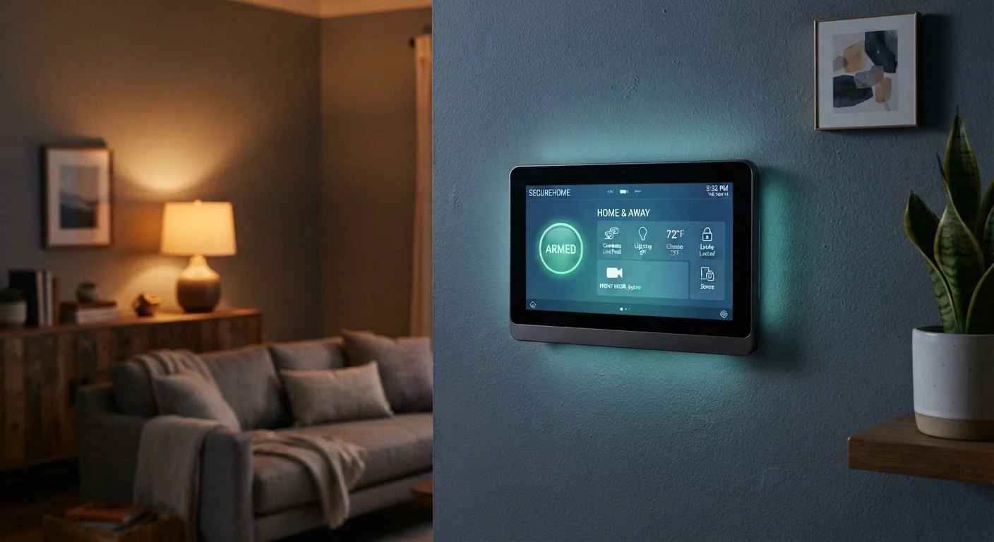 A smart home security panel with a glowing touchscreen interface mounted on a home wall