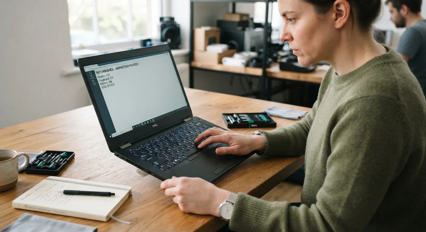Person carefully inspecting a refurbished laptop on a clean desk in natural light.