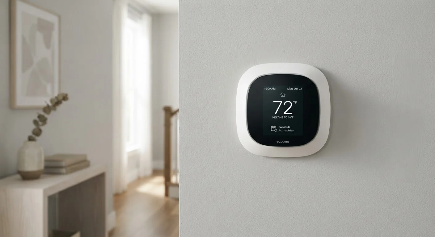 A white smart thermostat mounted on a wall displaying temperature settings and schedule