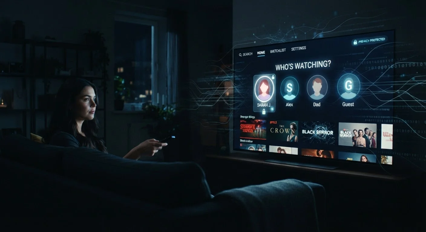 Smart TV displaying a streaming service home screen with abstract data flow lines overlaid