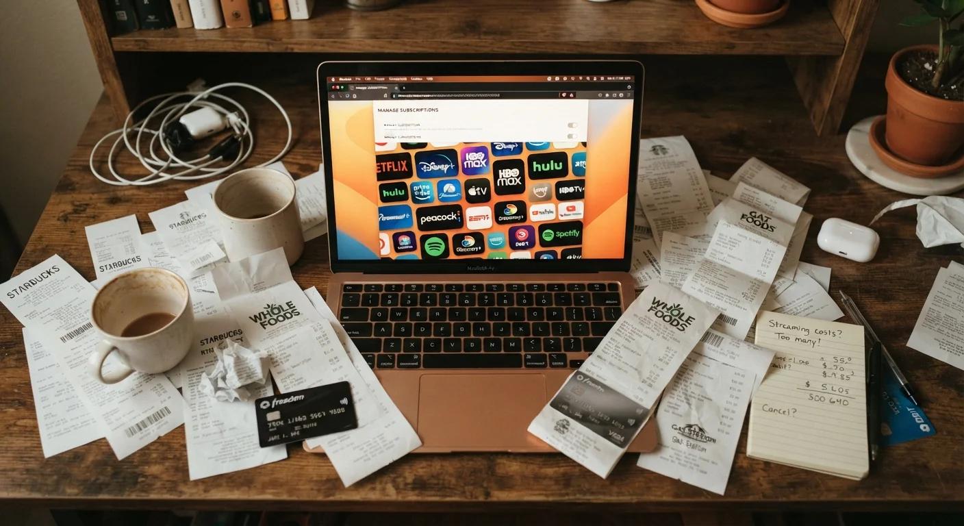 Laptop displaying multiple streaming service logos next to scattered receipts and a credit card on a desk