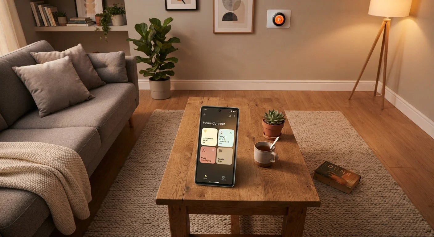 A smartphone displaying a smart home app on a living room coffee table with ambient smart lighting